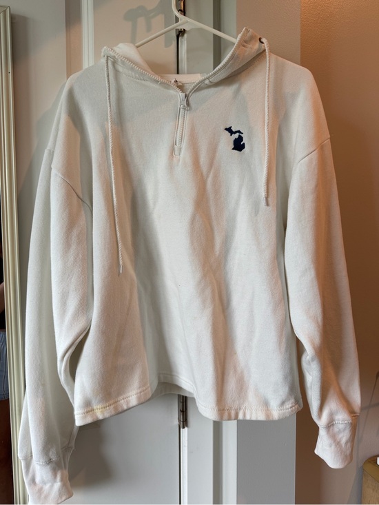 Tops - White Quarter-Zip Hoodie with Navy Michigan Embroidery